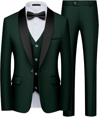 Men's Suit 3 Piece Slim Fit Tuxedo One Button Blazer Jacket Vest & Trousers | Elegant formal dress suit set tailored for weddings, grooms, groomsmen, proms, celebratory galas, and business affairs
