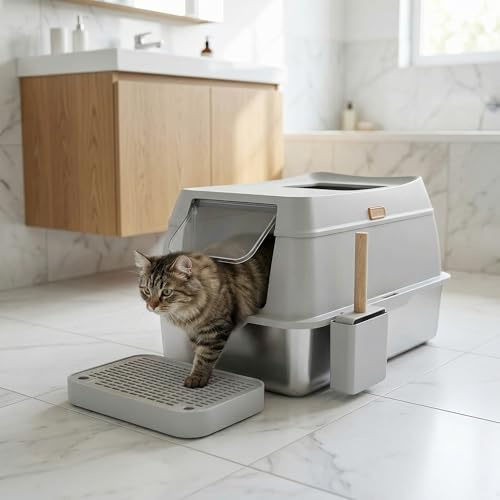 B2C Enclosed Stainless Steel Cat Litter Box, Large, Light Grey | 2-Way Entry Hooded Design, Odour & Scratch Resistant, Metal Tray with Scoop & Step, 60x40x40cm