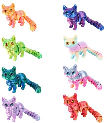 CHANGYUE 8 st 3D-tryckt katt, lekfull skrivbordsdekor Ledde kattfigurer PVC flexibla katter Ornamenter Rörliga leder Simulering Djurfigur för hemmakontor Bordsdekor