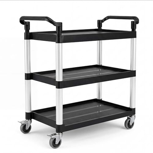 Levede 3 Tier Rolling Tool Trolley Black, Heavy Duty Storage Trolley with Wheels, 150kg Capacity Kitchen Trolley on Wheels with Lockable Castors, Utility Drinks Trolley for Garage Workshop Home