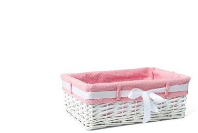 Woodluv Medium Rectangular White Willow Wicker Hamper Storage Basket-With Pink Dot Linning (Gift Hamper Basket)