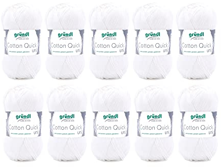 Gründl Wolle Cotton Quick uni - dünne Wolle zum Häkeln - Strickgarn - Häkelgarn - Glänzend und hautfreundlich - 100 % Baumwolle - 10 Knäuel 50 g / 125 m - Nadelstärke 3 - 4 - Weiß