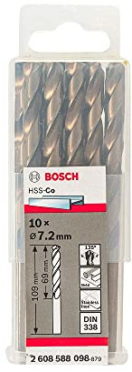 Bosch 10x PRO HSS-Co Spiralbohrer, 7,2 x 69 x 109 mm, 10-tlg. | für Stahl, Edelstahl, Ø 7,20 mm, Professional Zubehör Bohrmaschine/Schrauber