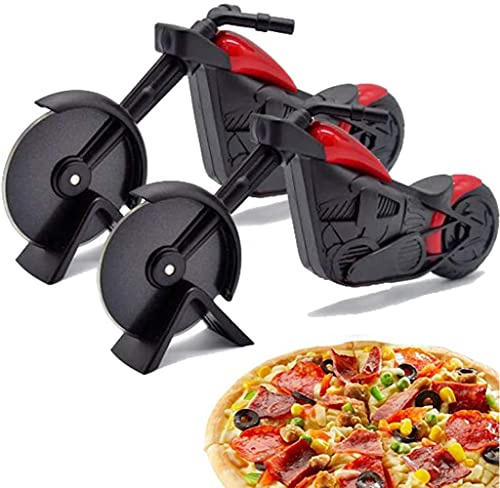 LATRAT 2pcs Motorrad Pizzaschneider Edelstahl Kunststoff Pizzaroller, Pizza Cutter mit Scharfem Schneiderad & Ständer für Weihnachten Kreativ Geschenke (Schwarz)
