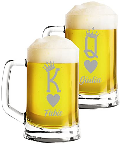 Colorfamily Coppia Boccali da birra Personalizzati Set da 2 Boccali da birra personalizzati con nome King Queen - bicchiere in vetro 50 cl
