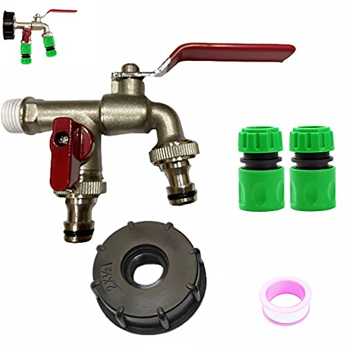 Water Butt Tap Replacement Kit,1/2Brass Double Tap IBC Tank Fittings,Water Butt Hose Connector Rain Barrel Tap Kit, IBC Tank Valve Adapter for S60X6 Water Storage Tank Tap Replace Valve Fitting Parts
