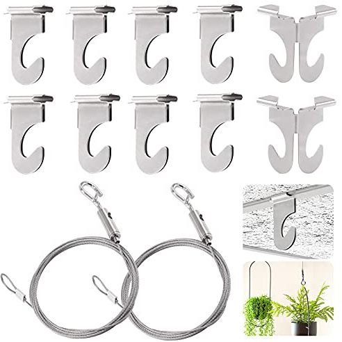 Mardatt 12 Pcs Heavy Duty Drop Ceiling Hooks and Hanging Rope Wire, Stainless Steel Frame Hanger Rope with Loop and Hook and Metal T-Bar Tile Hooks for Hanging Plants Signs Lights and More