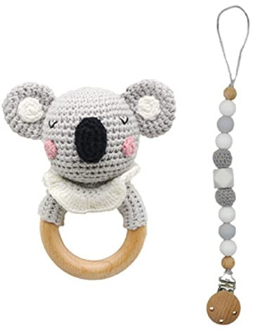 SWECOMZE Holzspielzeug Baby, Baby Rassel Spielzeug, Baby Beißring Holz Gehäkelte Greifling, Handmade Babyrassel Holzspielzeug, Geschenke zur Geburt für mädchen und Junge (Koala,#3)