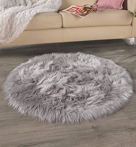 FELLANO Kunstfell Teppich 90 cm Rund Grau | Bettvorleger Fellteppich aus Fellimitat | Öko-Tex Standard 100 | Lammfell Schaffell als Läufer, Stuhl-Sitzkissen oder Kleiner Teppich
