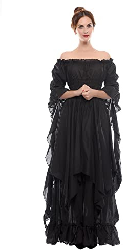 LTAKK Renaissance Dress Medieval Costume Victorian Dresses Women Peasant Gothic Fairy Witch Wedding Under Dress, Black, S/M