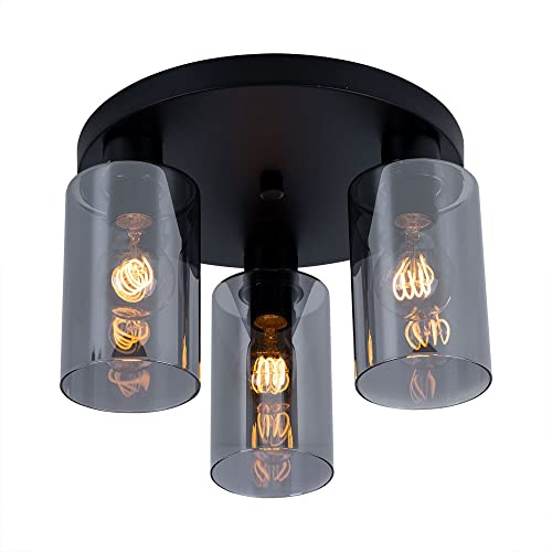 Deckenlampe Wohnzimmer Deckenleuchte 3 flammig Deckenstrahler Spotlight, Metall schwarz Glasschirme, 3x E27 Fassung, DxH 34x22 cm