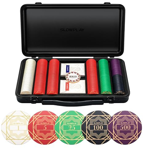 SLOWPLAY Nash Keramik-Poker-Set, 12 g/43 mm Chips, Texas Hold’em | 300 Stk. mit Werten; Premium-Koffer mit PC-Schale; Keramikverbundchips; Art-déco-Design