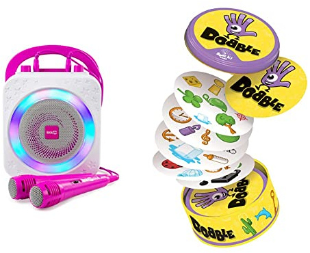 RockJam 10-Watt Rechargeable Bluetooth Karaoke Machine with Two Microphones, Voice Changing Effects & LED Lights - Pink & Asmodee | Dobble | Card Game | Ages 6+ | 2-8 Players | 15 Minutes Playing Time