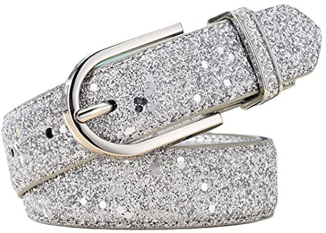 Sanykongy Frauen Glitter Goldgürtel Frauen Silber PU Gürtel Kummerbund Ceinture Silver 105CM