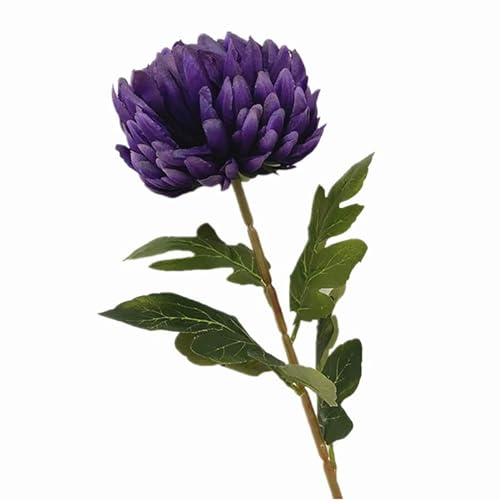 Gladiolus garden 5pcs Faux Round Pineapple Chrysanthemum Flower branch with Green Leaves Artificial Big Callistephus Chinensis for Floral Arrangement (dark purple)