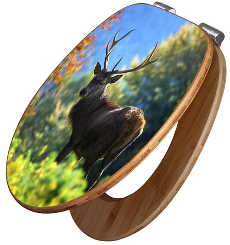 banjado Design WC Sitz Bambus Absenkautomatik 45,8x37,5cm - Toilettendeckel mit Absenkautomatik Holz - hochwertiger Bambus Klodeckel - WC-Sitz für gängigen Toiletten - Motiv Hirsch