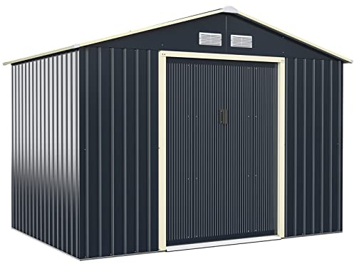 COSTWAY Casetta da Giardino Porta Attrezzi in Lamiera Acciaio Zincato 4,83 M2, Capanno da Esterno con Tettoia, Sfilati e Ante Scorrevoli (267 x 181 x 202 cm)