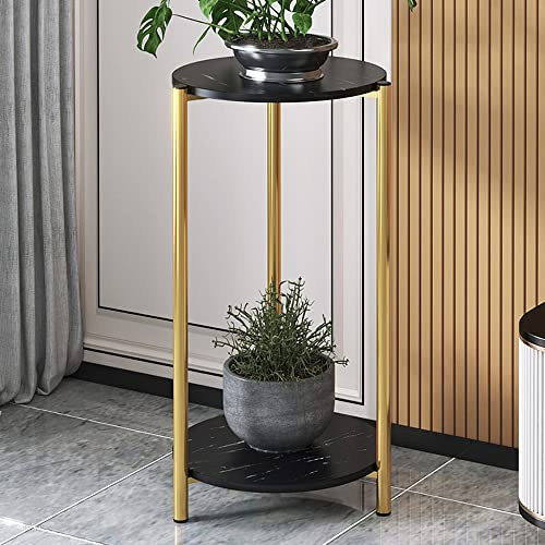 2 Tier Plant Stand, Tall Plant Pot Stand, Modern Flower Display Stand with Gold Metal Frame, Indoor Decorative Flower Holder Floor Shelf for Home Office Balcony, Living Room Corner Planter, Black