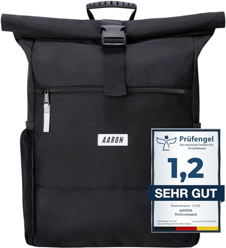 AARON Rolltop Rucksack Damen und Herren, mit Laptopfach, inkl. AirTag Halter, Daypacks, Rollrucksack aus recycletem PET für UNI, Reisen, Alltag, Rolltop Backpack in schwarz und Blumen