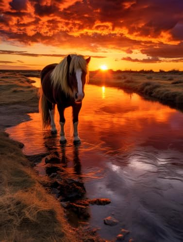 Wandbild Leinwand Pferd im Bach bei Sonnenuntergang,50*70cm Leinwand Bilder Kunstdrucke Leinwanddruck Wandkunst Leinwand Malerei Poster Abstraktes Bild Zuhause Wohnzimmer Schlafzimmer Dekorationen