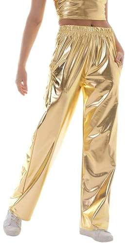 NewL Glänzende Hip-Hop-Hose für Damen, metallischer Wetlook, weites Bein, Retro, Disco, Hippie, Club, gerades Bein, Streetwear, Gold, M