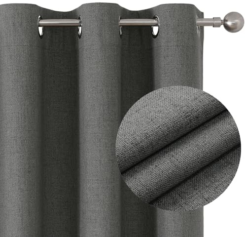 Joydeco 100% Grey Blackout Curtains Bedroom 54 Inch Drop, Faux Linen Soft Textured Thermal Insulated Eyelet Curtains with Coating Back Layer for Light Blocking Noise Reducing, W46 x L54-2 Panels