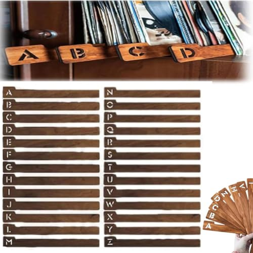Qsnailfrr 26 Stück Holz Register für A-Z Alphabetische Schallplatten - CD/DVD Organizer