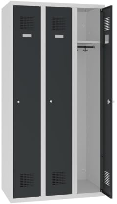 Steinbock Spind 3 Abteile | H180xB90xT50 cm | Anthrazit | Zylinderschloss mit 2 Schlüsseln | Metallspind inkl. Einlegeboden, Kleiderstange, Namensschild | Schließfachschrank