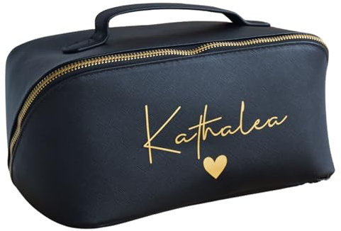 Personalisierte Kosmetiktasche klein groß für Frauen | Name und Herz | Schminktasche für die Frau | Kulturbeutel im Leder-Look | Kulturtasche als Geschenk
