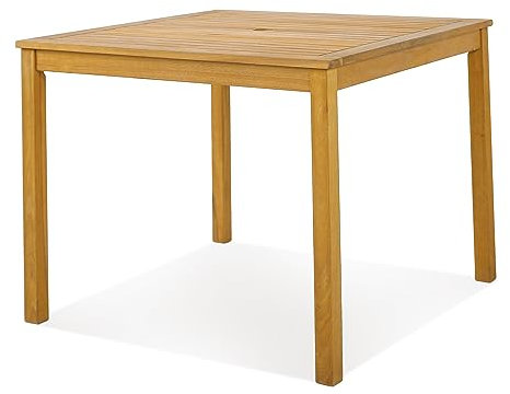 COSTWAY 90cm Outdoor Dining Table, Solid Acacia Wood Garden Table with Umbrella Hole & Slatted Tabletop, Weather-resistant Square Patio Bistro Side Table for Backyard Poolside Deck