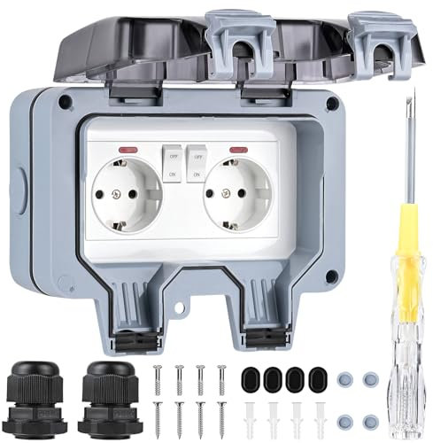 Weinsamkeit Presa da Esterno Impermeabile a 2 Vie con Interruttore e Spia Luminosa, Prese Elettriche da Muro con Coperchio a Scatto Resistente alla Polvere e alle Intemperie, per Garage, Giardino
