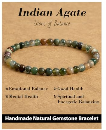 Landorilo Pulseras de Cuentas de Piedra Curativa Natural de 4 mm para Hombres y Mujeres, Pulsera de la Suerte, Joyas Chakra Regalos para Mujer（R Ágata India）