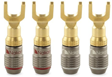 Nakamichi FanLock Excel Series 24k placcato oro connettore a forcella spina a banana 10 AWG - 18 AWG calibro 4mm per altoparlanti amplificatore Hi-Fi cavo connettore rapido, 4 pezzi (2 paia)