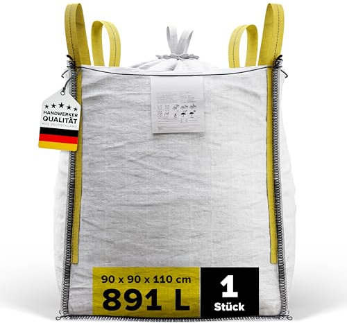 D-TACK 1x Big Bag | 90 x 90 x 110 cm | Säcke für Bauschutt, Holz, Laub, Kies, Sand, Erde, Gartenabfall, Grünschnitt, Pellets | 4 Schlaufen für Kran & Stapler | 1.000 kg | Inkl. Schürze zum Zubinden