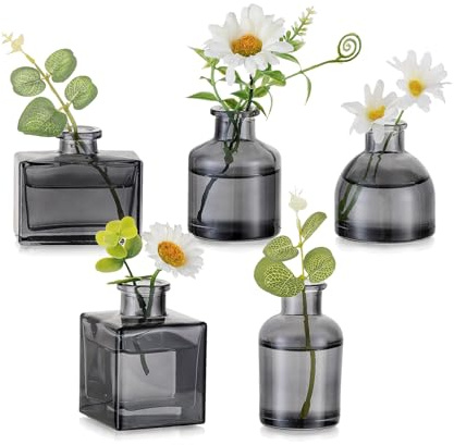 Hewory Små vaser för bordsdekoration matbord: 5 grå minivaser set olika små glasvaser set för bordsdekoration vardagsrum – modern blomvas glas för bröllopsdekoration hem sovrum