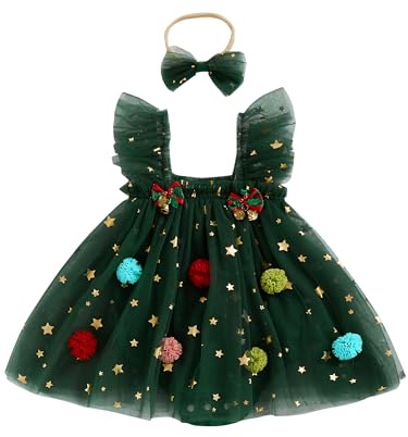 Infant Toddler Baby Girl Christmas Dresses Christmas Tree Costume Princess Sleeveless Tutu Dresses Xmas Clothes (Romper Dress Green, 6-9 Months)