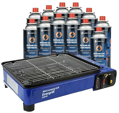 Gas butane Camping Grill Evergrill - incl. 12 gas Cartridges - Gas barbecue - Camping kitchen - Table barbecue - Table barbecue