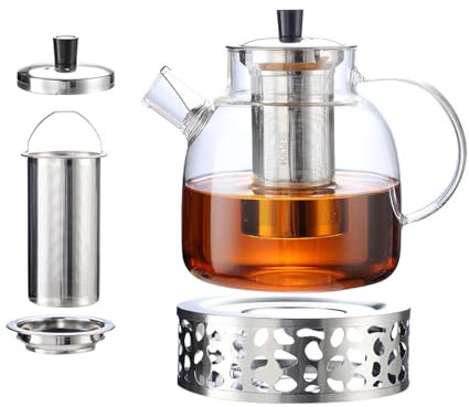 1500ml Vetro Borosilicato Grande teiera, teiera con rimovibile Infusore e Scaldino, mantiene caldo a lungo, lavabile in lavastoviglie