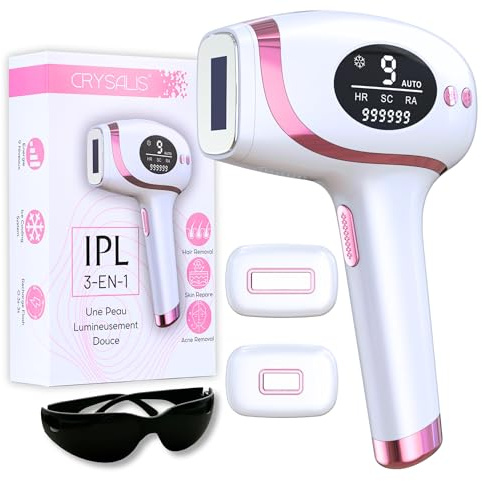 CRYSALIS Epilateur Lumiere Pulsee IPL Nouvelle Génération 3-en-1 – Épilation Durable, Anti-Acné et Soin de la Peau – Pour Visage & Corps, Femme/Homme – Appareil Électrique Multifonction