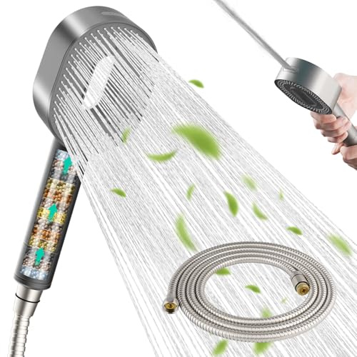 Hibbent Handheld Shower Head Set with 20 Stage Water Filter, Grey Panel | 3 Spray Jet Modes High Pressure Shower Head and 1.5m Hose, Handheld Massage Shower Filter for Residual Chlorine Remove