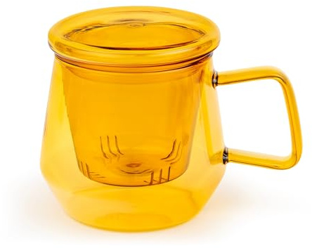 Bredemeijer Vaso de té de 350 ml con filtro de té de cristal y tapa de cristal – Taza de té de cristal transparente y amarillo para 1 taza de té suelto
