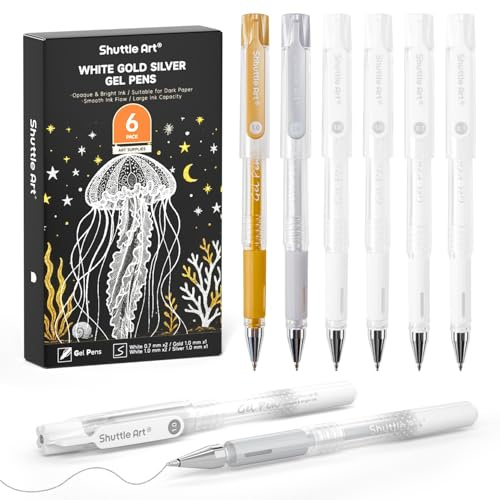 Shuttle Art Stylo Gel Argenté Or & Blanc, Lot de 6, 0,7 mm et 1,0 mm, Pointe Fine pour Papier Noir, Surlignage, DIY Cartes, Ecriture, Dessin, Ecole, Bureau, Maison