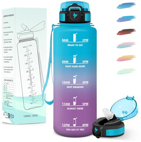 Motswedi Borraccia 1,5 litri, con Cannuccia, Borraccia Palestra, Facile da Aprire, Bottiglia acqua, a Prova di Perdite, Borracce, per Palestra, Yoga, Ufficio, Trekking, Fitness, Blu Viola