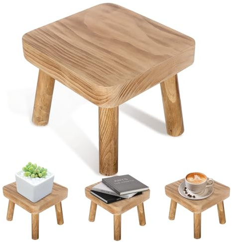 Lunyloer Small Wooden Stool, Square Plant Table, Plant Stand Indoor, Kids Wooden Step Stool for Bedroom Bedside or Bathroom(24x22x20cm)
