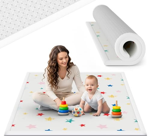 teskon® seidenweiche Krabbelmatte Baby Spielmatte Kinder 200x150x3cm Sterne | 3 cm dick, Premium Memory-Schaum, rutschfeste Unterseite, Geräuschhemmend, sicher und gemütlich fürs Krabbeln und Spielen