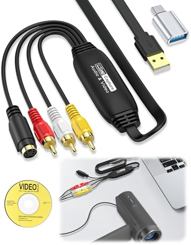 VHS to Digital Converter Kit, USB Video Capture Card with RCA & S-Video Input, 1080P HD Audio Video Converter, USB Audio Capture Device for VHS Player, PC, DVD to Digital Compatible Windows Mac OS