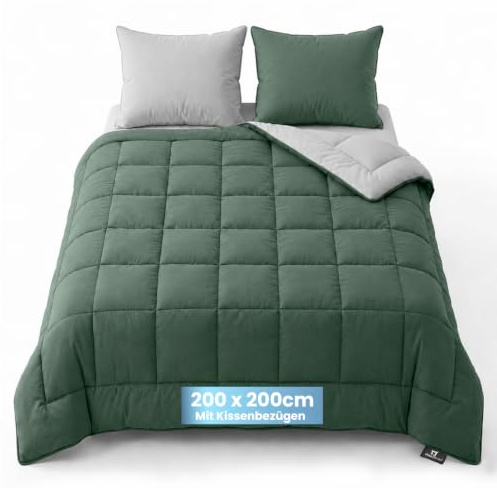 Slaapspeciaal Bettdecke ohne Bezug 200x200 - Ganzjahresdecke Wärmeklasse 2 | Steppdecke mit Gelfasern für Daunengefühl [Softcell Füllung] - Extra Weich - Inklusive waschbarem Kissenbezug - Grün Grau