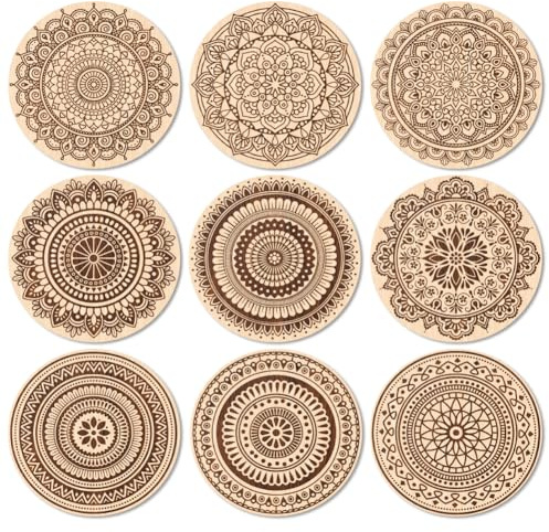 ANATTASOUL 9Pcs Mandala De Dibujo Lineal Posavasos Madera, Posavasos De Madera, Reutilizables, Redondos, Drink Coasters, Taza para Café, Bar, Cocina, Restaurante | Posavasos de madera reutilizables de cristal, para oficina y bar, decoración de mesa de verano