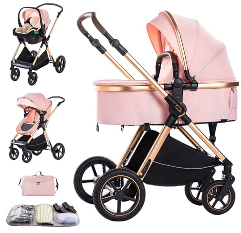Shineey 3 in 1 Baby Stroller with Height Adjustable Handle,3 in 1 Prams Travel System, Lightweight Foldable Pushchair, Prams with Aluminum Frame for Portable Baby Carriage (D2 Pink, H2-D)