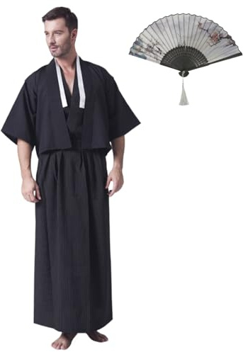 CRFASIBE Samurai Costume Men 3-Piece Set with Fan-Includes Kimono Shirt Haori Coat and Elastic Waist Hakama Pants for Halloween & Cosplay Black